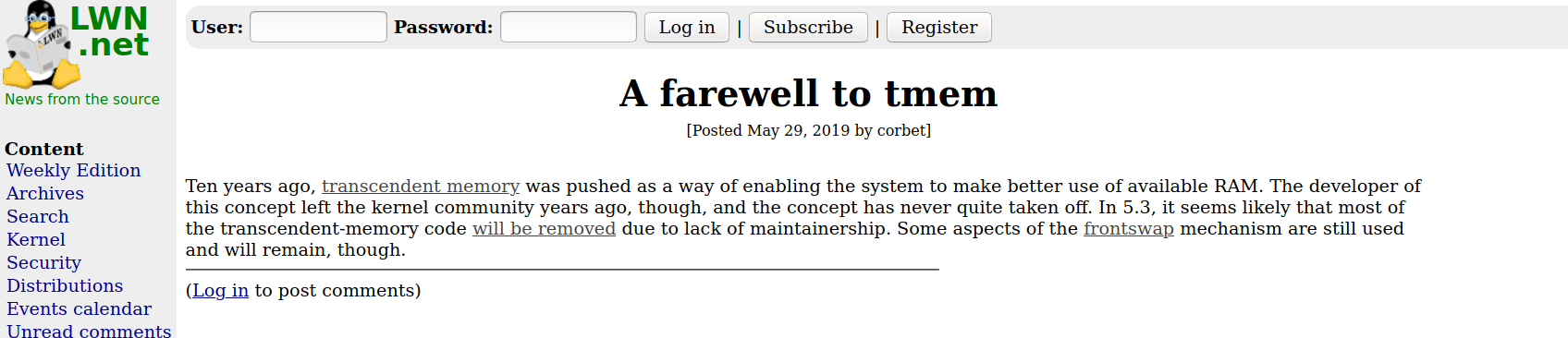 Screenshot of the Farewell to tmem LWN article